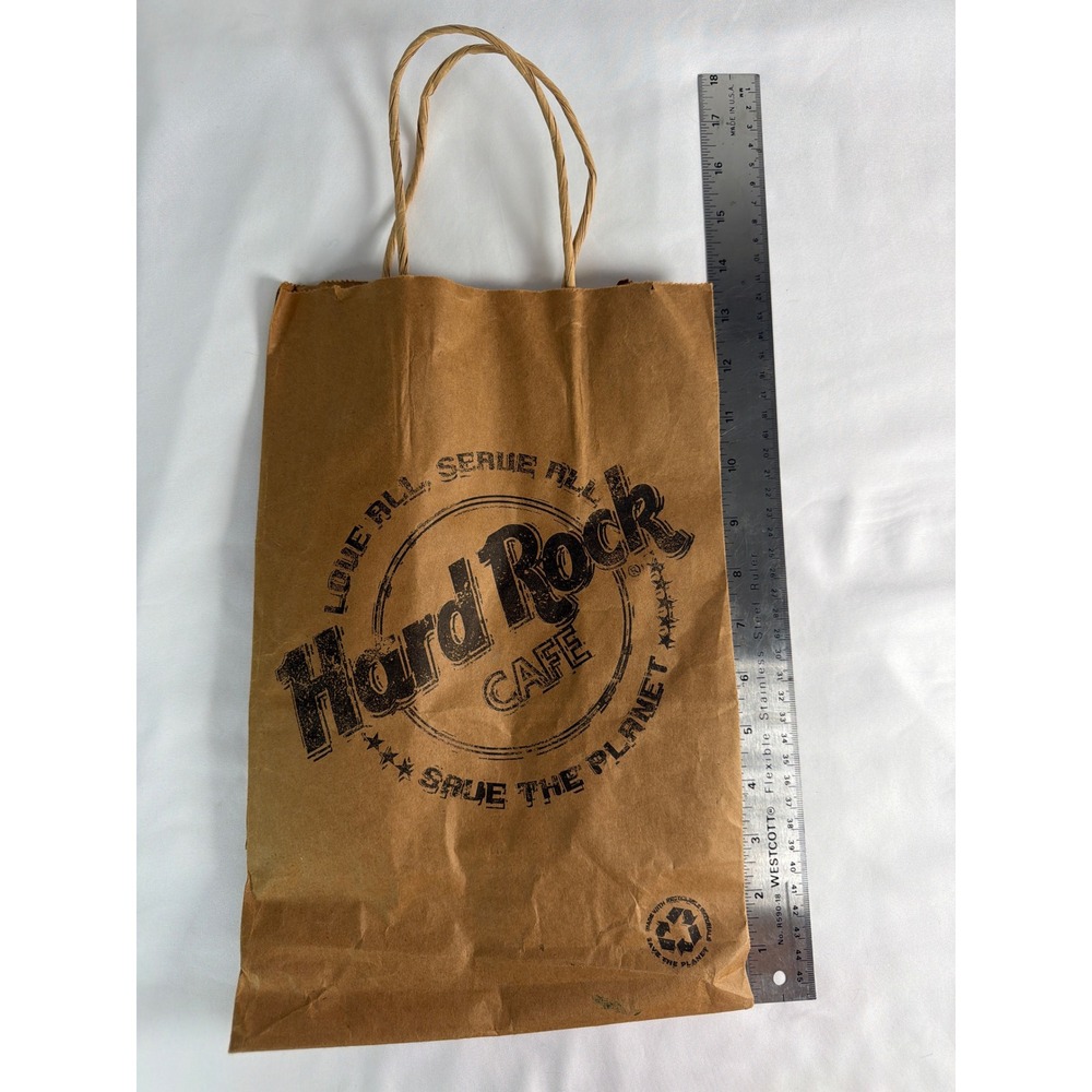 VINTAGE 1990's brown kraft paper Hard Rock Cafe Shopping Bag twisted handles